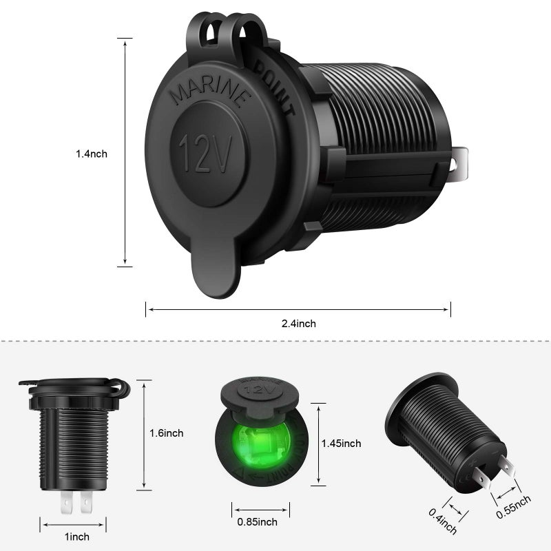 ZHSMS Cigarette Lighter Socket Car Marine Motorcycle ATV RV Lighter Socket Power Outlet Socket Receptacle 12V Waterproof Plug (LED Green) by ZHSMS - Image 3